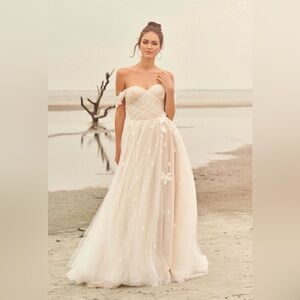 Lillian West Gown 66110 
A-Line Gown with Floral Details and Detachable Sleeves